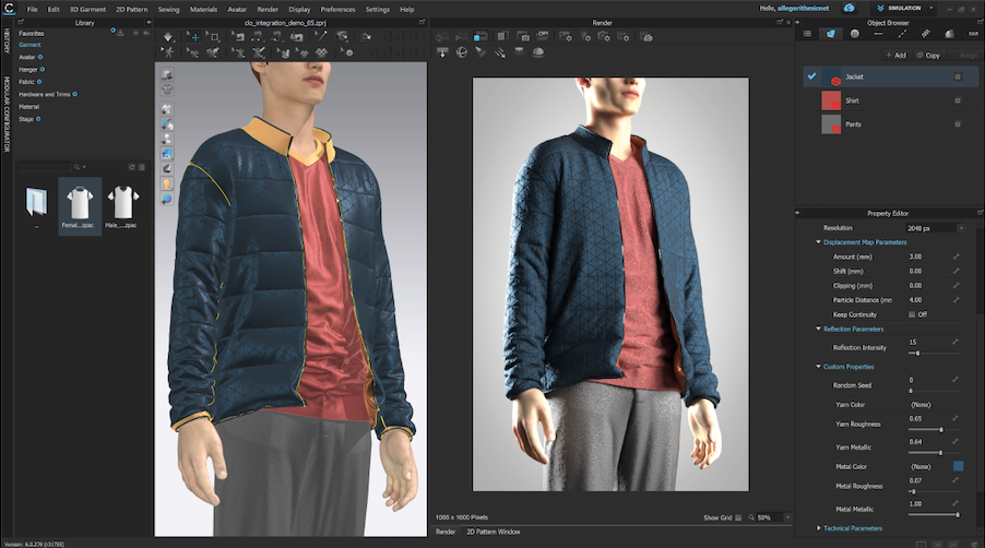 CLO 3D app interface of 3D model in puffer jacket and red shirt, with fabric settings for clothing design.