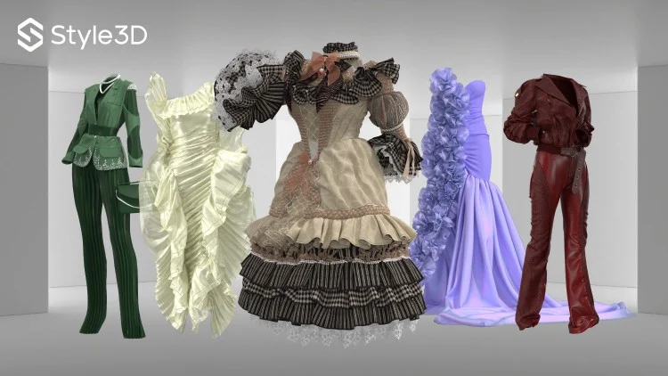 Style3D app showcasing five 3D models in diverse outfits, including a green suit, white ruffled dress, and purple gown, for clothing design visualization.