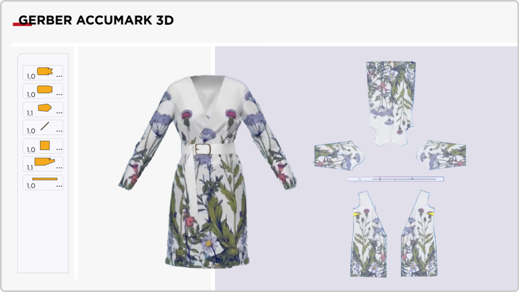 Gerber AccuMark 3D app interface with 3D model in floral dress and white belt, showing 2D pattern pieces for clothing design.