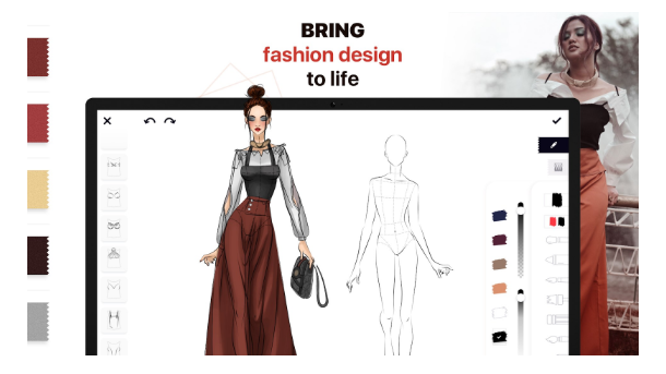 Fashion Design Sketches app with model in patterned top and pants, featuring "BRING fashion design TO LIFE."