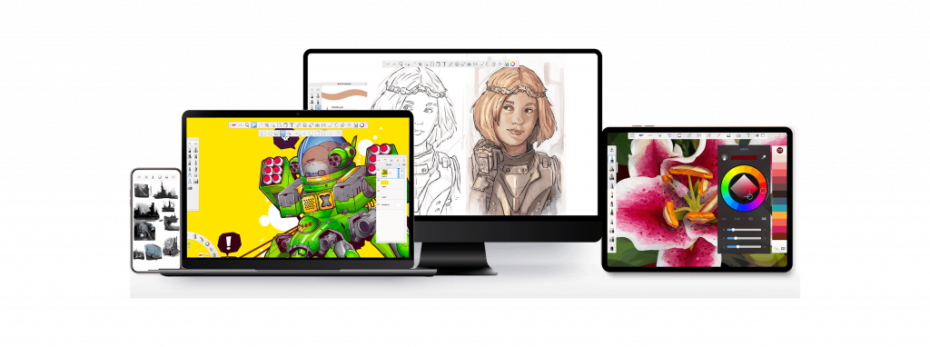 SketchBook app on devices displaying fashion sketches, including women’s outfit and flower for clothing design.