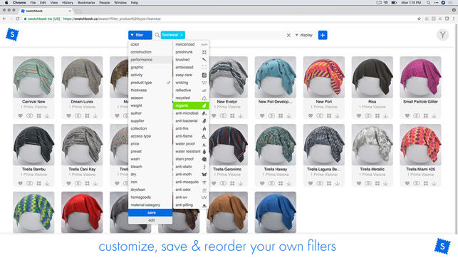 Swatchbook app showing fabric swatches with "organic" and "recycled" filters for clothing design.