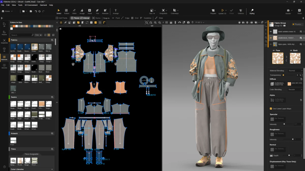 Browzwear app with 3D model in patterned jacket and pants, showing 2D patterns for clothing design.