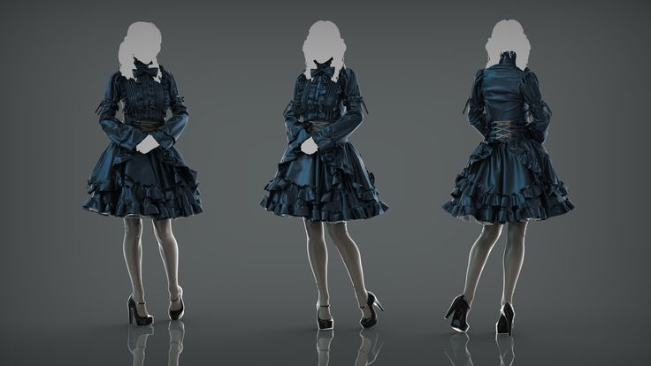 Marvelous Designer app with 3D model in dark ruffled dress, showing fabric simulation for clothing design.