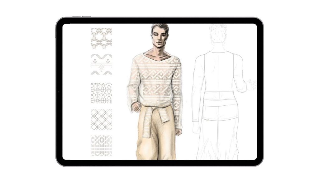 Pret-a-Template app on tablet with fashion sketch of model in patterned top and pants, showing pattern designs for clothing design.