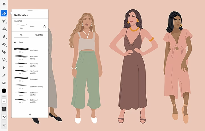 Adobe Illustrator with fashion sketches of women in top, dress, and jumpsuit, with brush panel for clothing design.