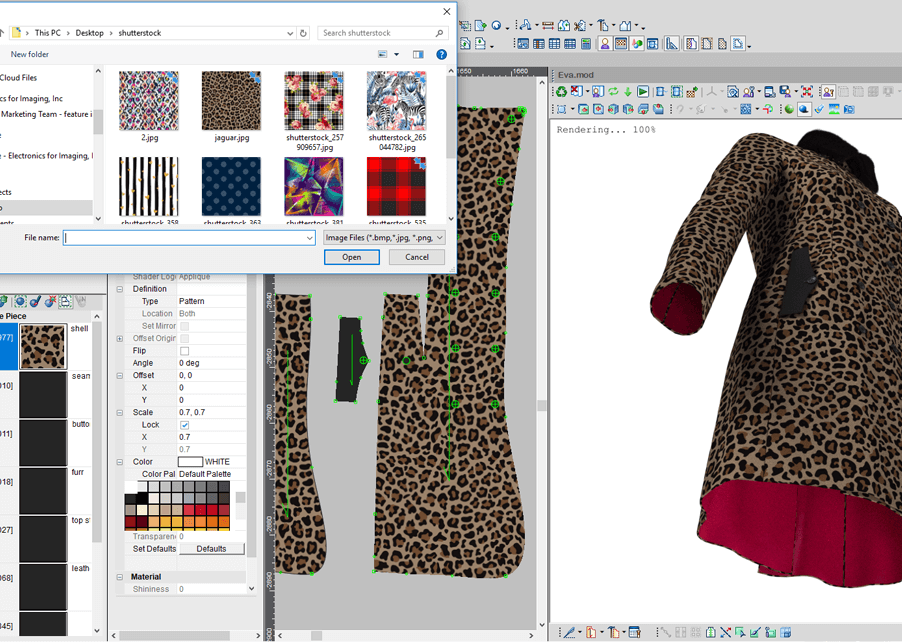 Optitex app interface with 2D pattern pieces and 3D model in a white shirt, demonstrating CAD/CAM tools for clothing design and prototyping.