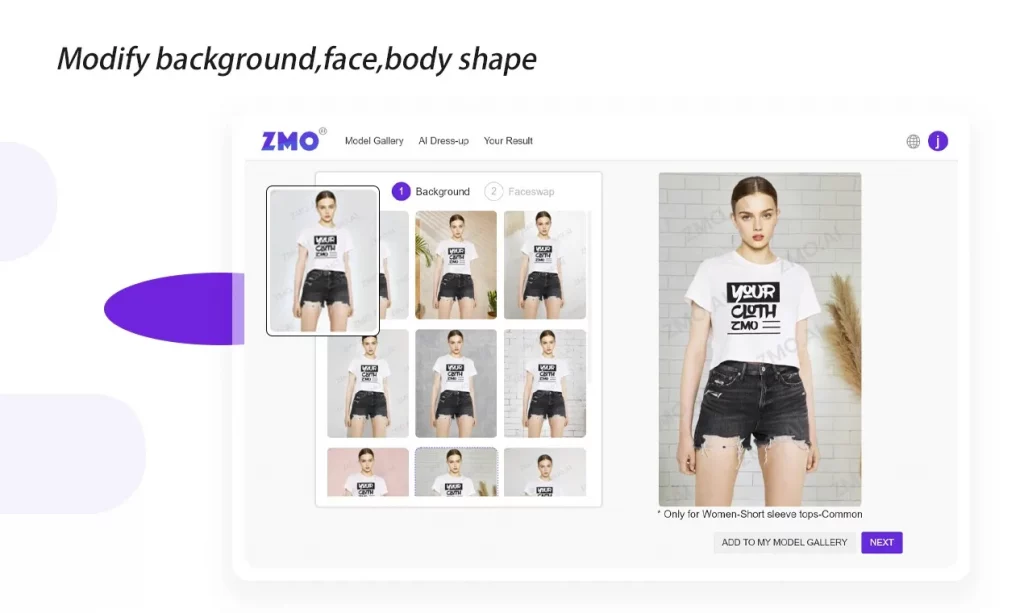 ZMO AI Fashion Studio app with model in t-shirt and shorts, offering AI-driven clothing design options.