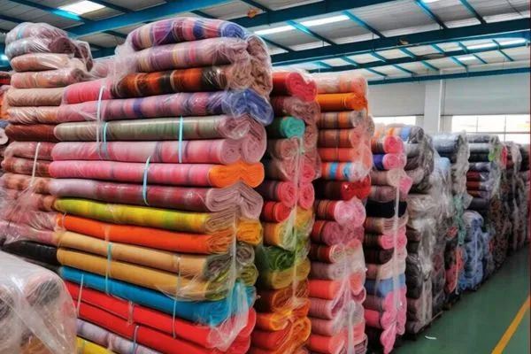 Colorful fabric rolls in an Indian textile warehouse for wholesale fabric sourcing.