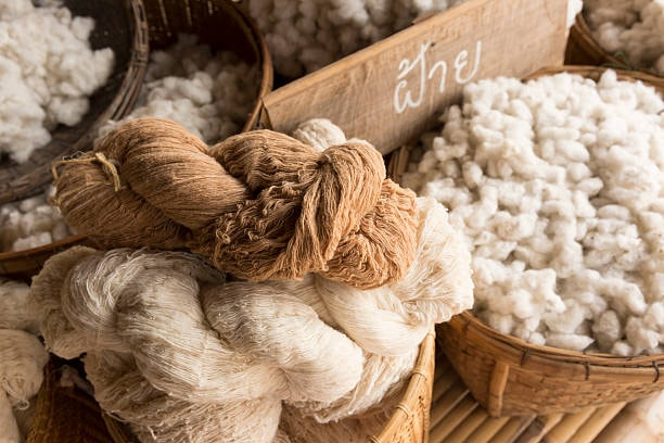 Close-up of raw cotton and natural yarns in baskets, representing eco-friendly textile materials.