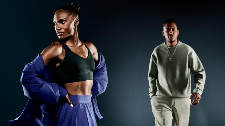 Sportswear models wearing high-performance fabric outfits for athletic and casual wear in 2025