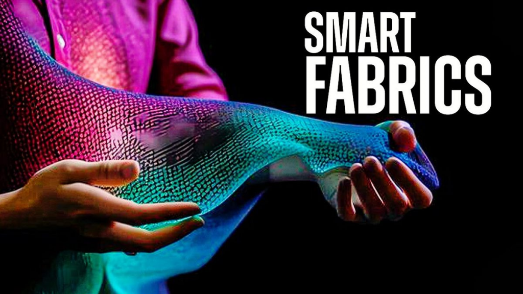 Innovative glowing smart fabric held in hands, showcasing futuristic textile technology.