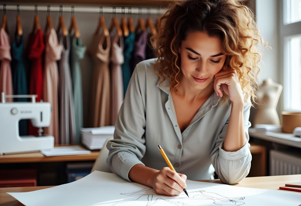 Fashion designer sketching new clothing designs in a modern studio – High-paying fashion careers in 2025