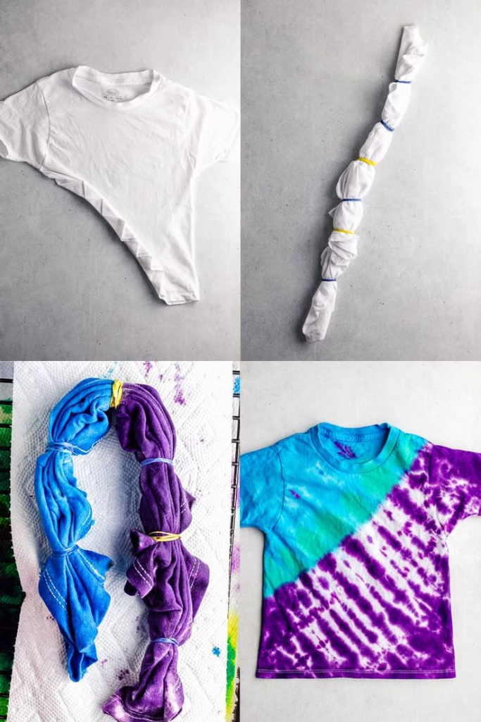 Step-by-step tie-dye T-shirt project for kids showing folding, tying, dyeing, and the finished colorful shirt design.