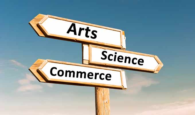 Signpost showing Arts, Science, and Commerce streams for students choosing career paths after 10th grade