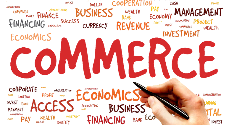 Commerce stream illustration with keywords like economics, finance, and business – ideal for students interested in the business side of fashion