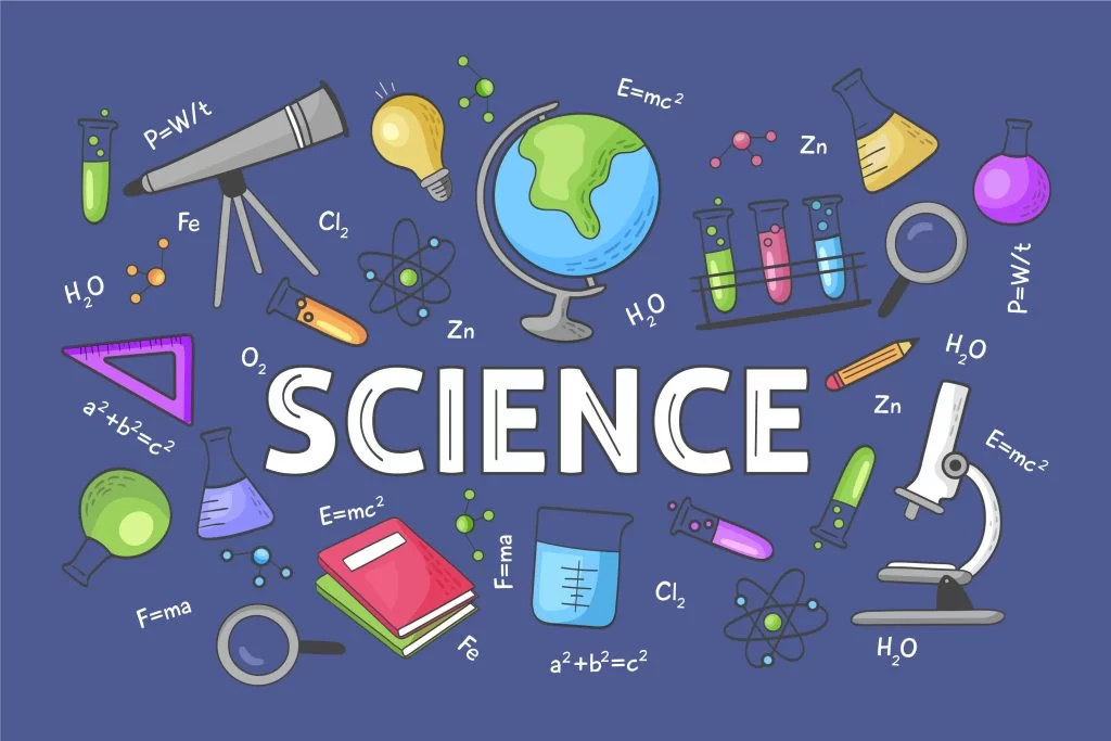 Science stream illustration with lab equipment, formulas, and experiments – suitable for fashion designers interested in technology and innovation