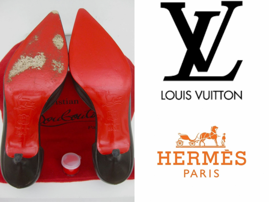 Famous fashion trademarks including Christian Louboutin red sole shoes, Louis Vuitton logo, and Hermès Paris branding.