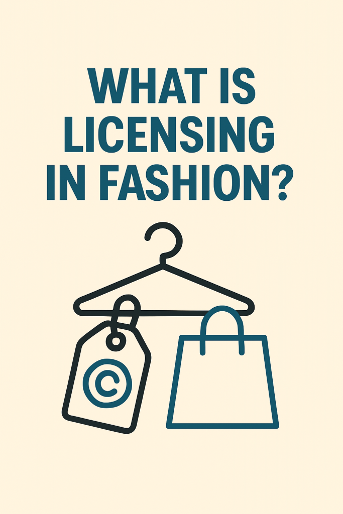 Introduction to licensing in the fashion industry with hanger, copyright tag, and shopping bag icons.