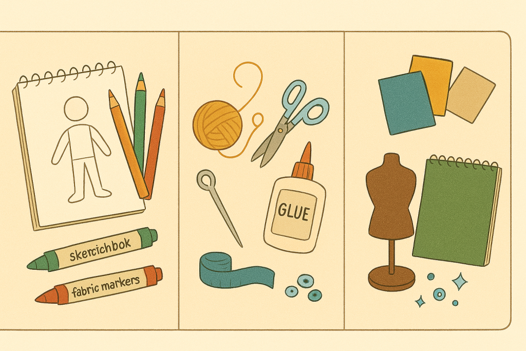 Drawing and sewing supplies for kids’ fashion design including sketchbook, fabric markers, scissors, glue, yarn, and a mannequin for creative projects.