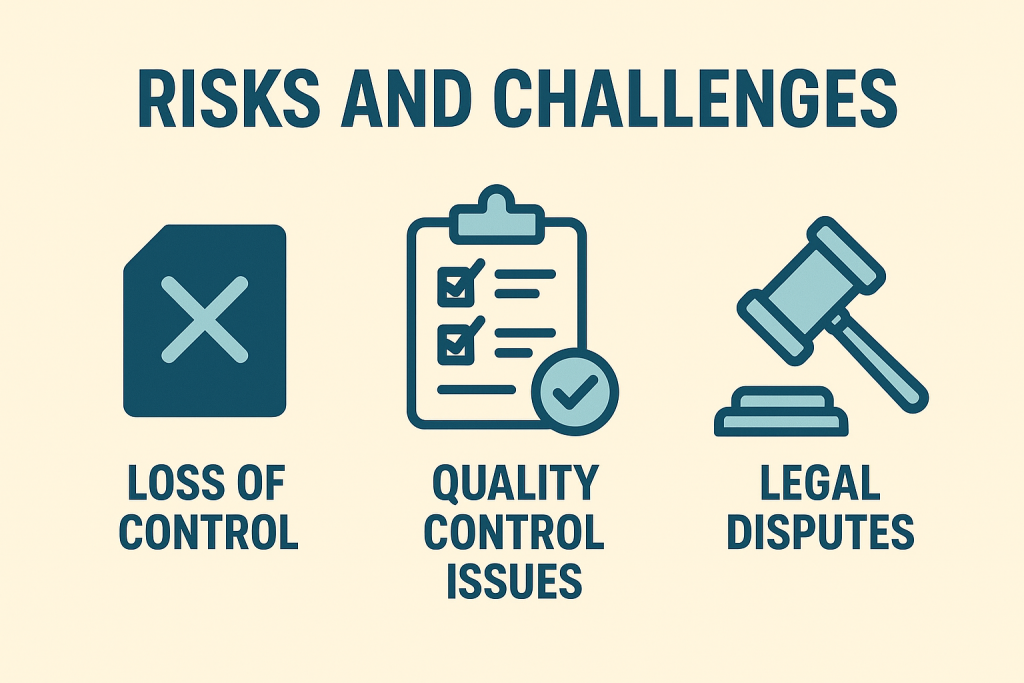 Risks of fashion licensing such as loss of control, quality control issues, and legal disputes represented with icons.