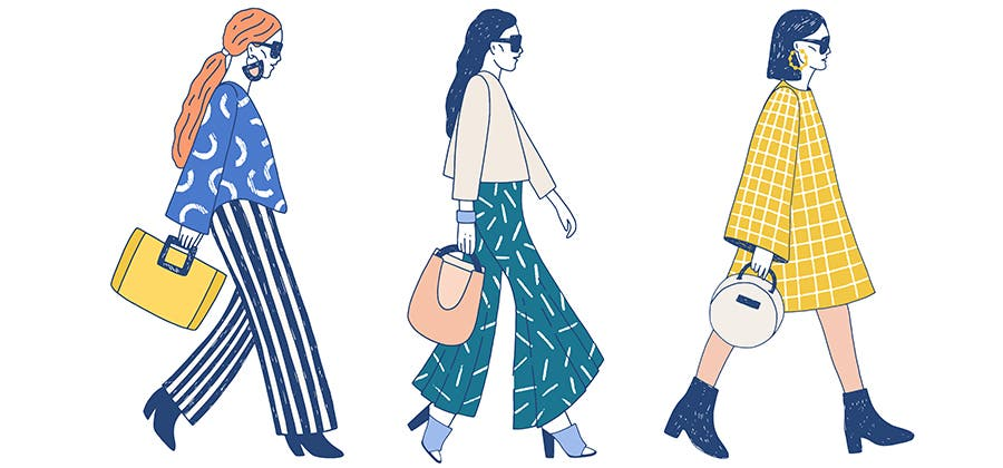 Illustration of fashion designers walking with stylish outfits, representing the importance of physical fashion designing tools.