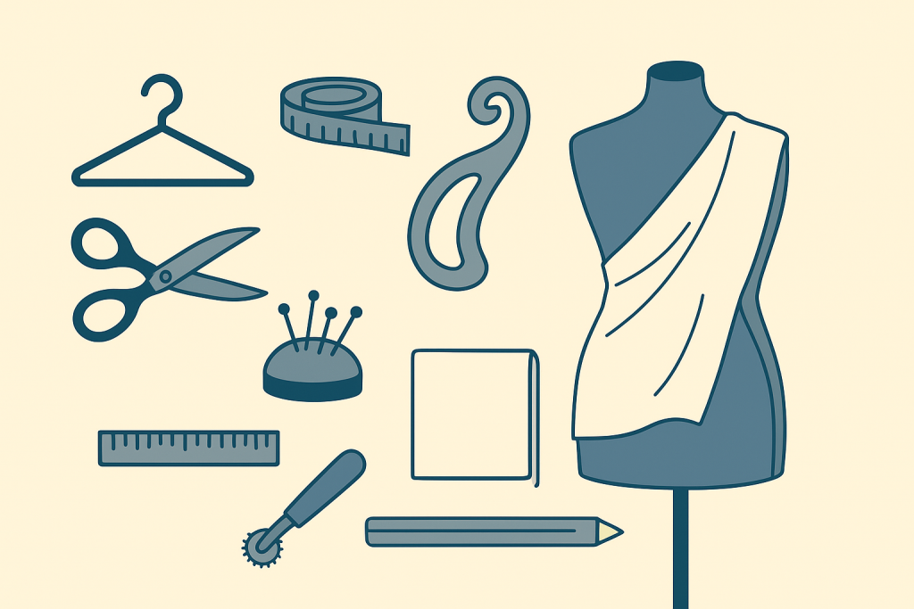 Flat vector illustration of fashion draping tools including scissors, hanger, tape, pencil, pattern curve, ruler, and mannequin.
