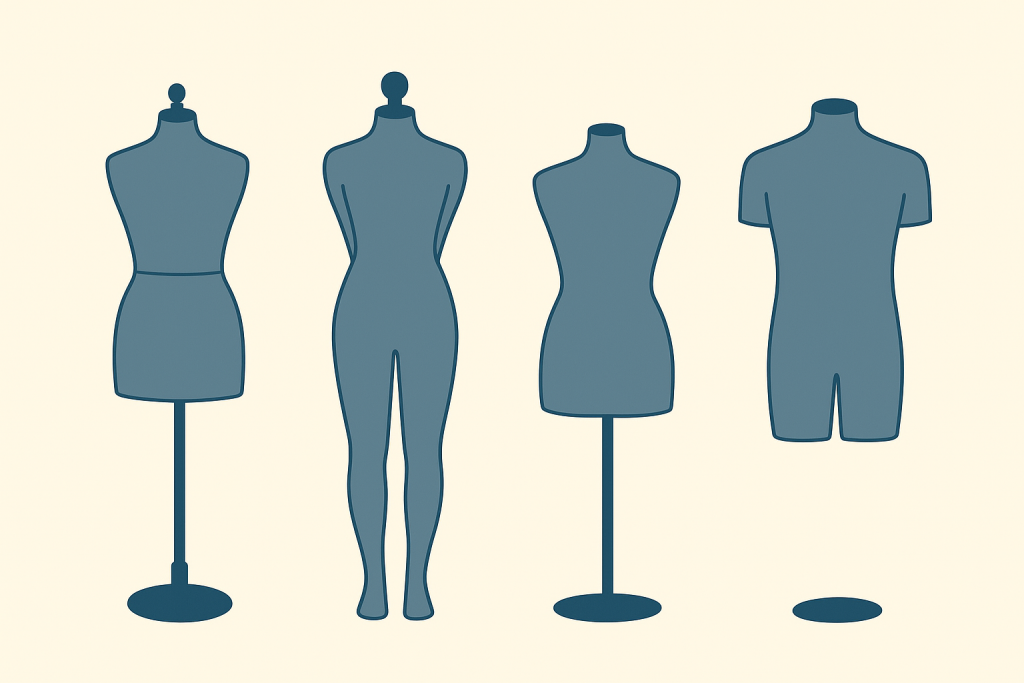 Illustration of different dress forms including female, male, and body-shaped mannequins used in fashion design.