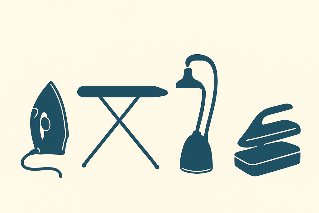 Vector illustration of fabric pressing tools including iron, ironing board, steam press, and garment steamer for fashion designing.