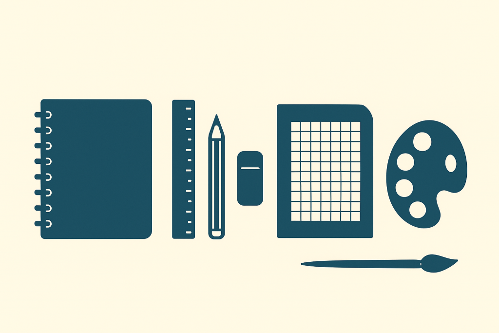 Fashion sketching tools including sketchbook, ruler, pencil, eraser, graph pad, paint palette, and brush used in fashion design.