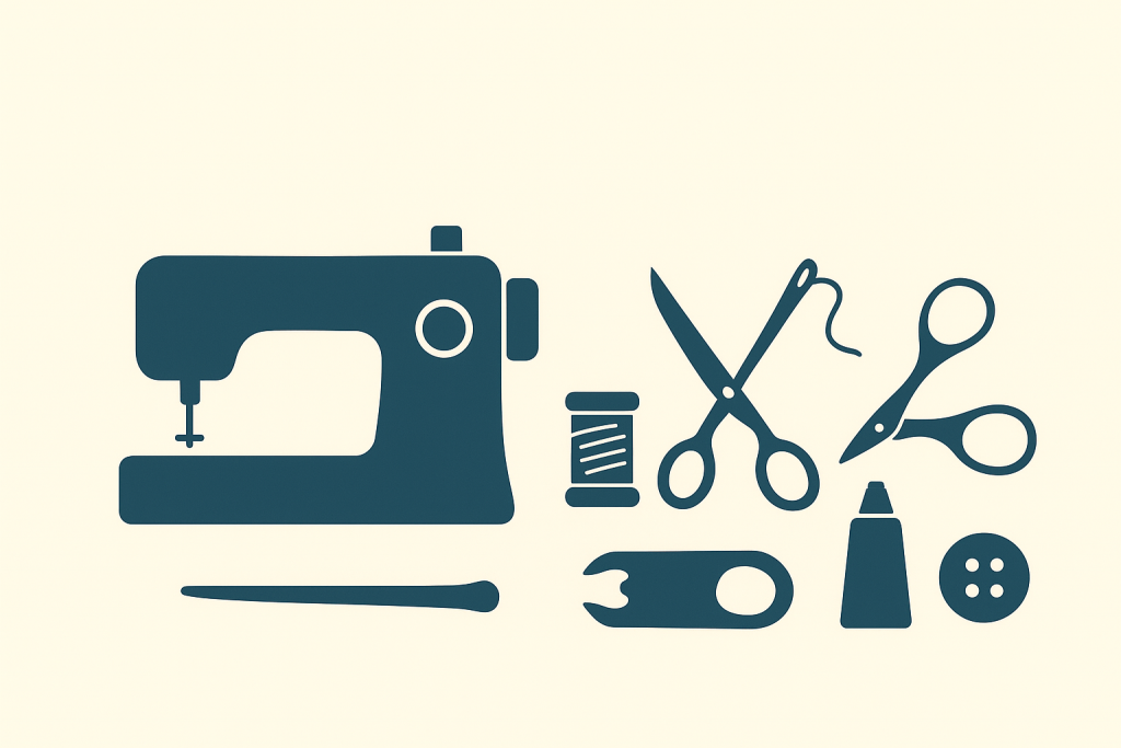 Essential sewing tools for fashion design such as sewing machine, scissors, thread, needle, seam ripper, fabric glue, and button.