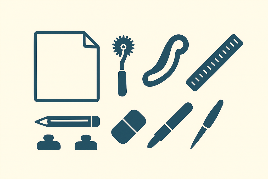 Pattern making tools for fashion design including drafting paper, tracing wheel, French curve, ruler, pencil, eraser, and markers.