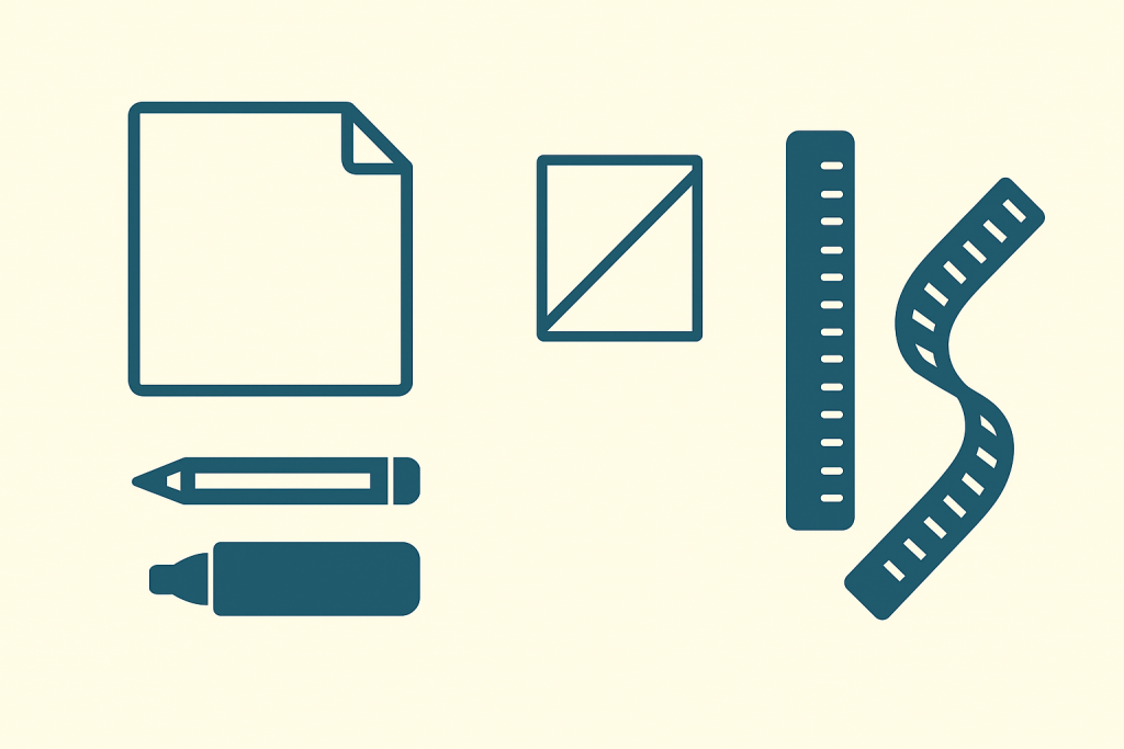 Product development tools for fashion design including fabric swatches, measuring tape, rulers, pencils, and markers.
