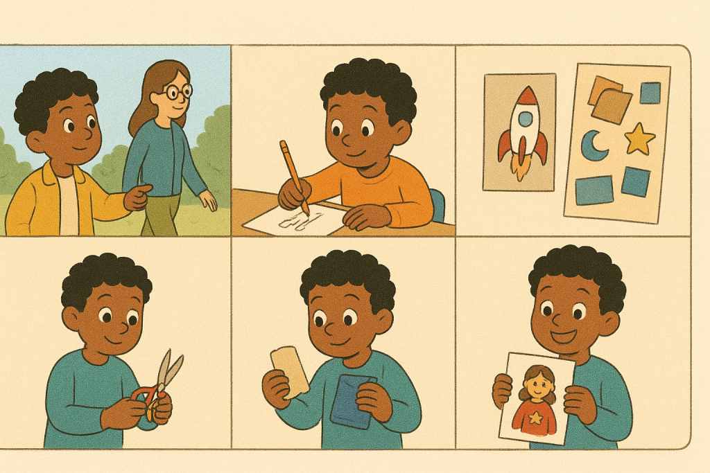 Step-by-step illustration of a child sketching, cutting, and creating a mood board with fashion designs, showing how kids can start designing clothes easily.