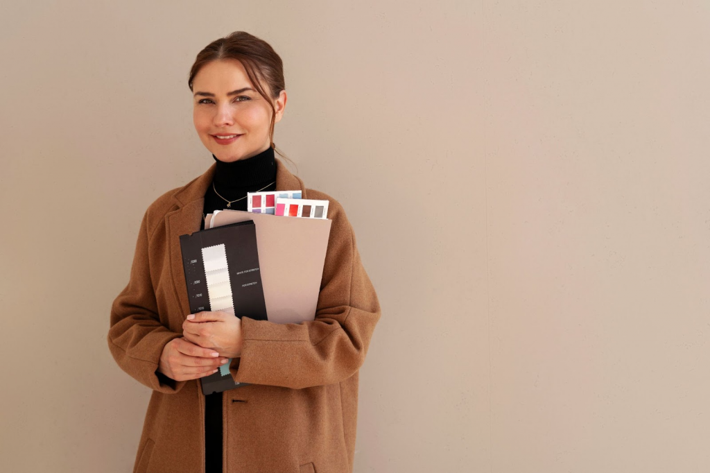 Fashion design director holding fabric swatches and color palettes, making key decisions on collections and textile choices.