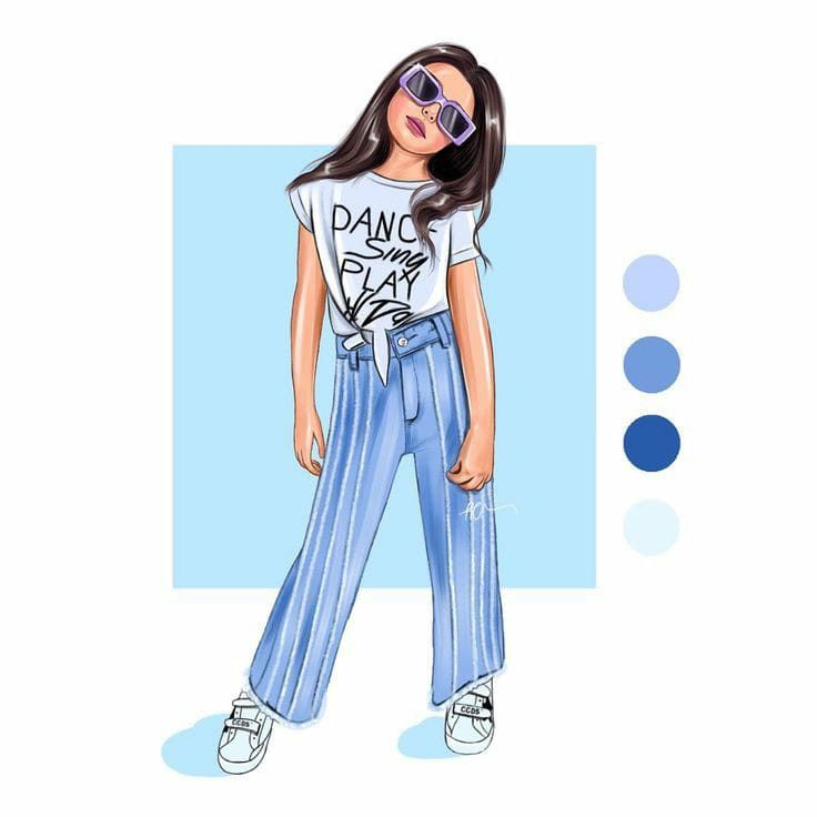 Child fashion illustration showing a trendy outfit with striped pants, sneakers, and sunglasses, inspiring kids to explore creative fashion design ideas.