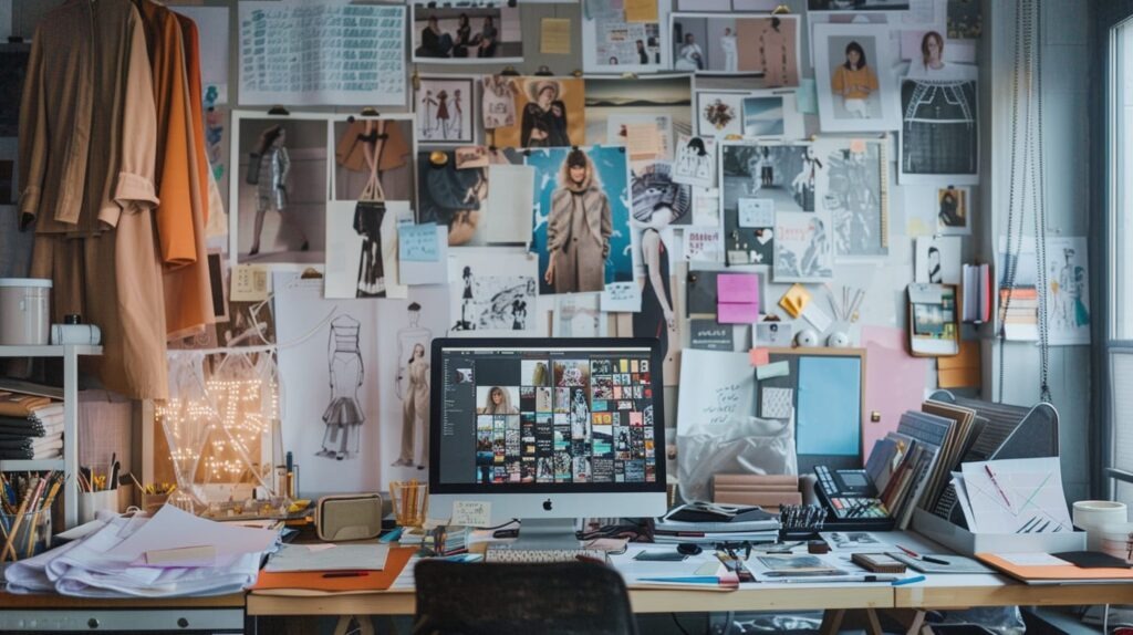 A cluttered but organized fashion designer's workspace with a computer displaying design work, a wall covered in inspiration images, fabric swatches, and design tools, representing the creative process.