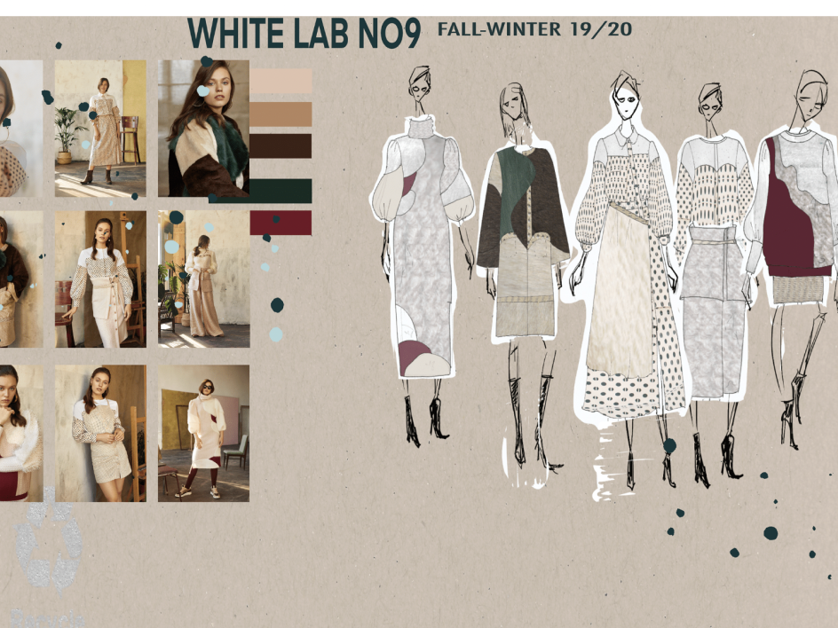 A fashion mood board or portfolio showcasing sketches of women's clothing designs in neutral tones and a color palette, along with reference photos of models.
