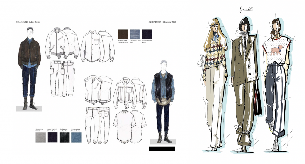 Detailed fashion flats and sketches for a men's clothing collection, including jackets, jeans, and t-shirts, with fabric swatches and stylized model illustrations.