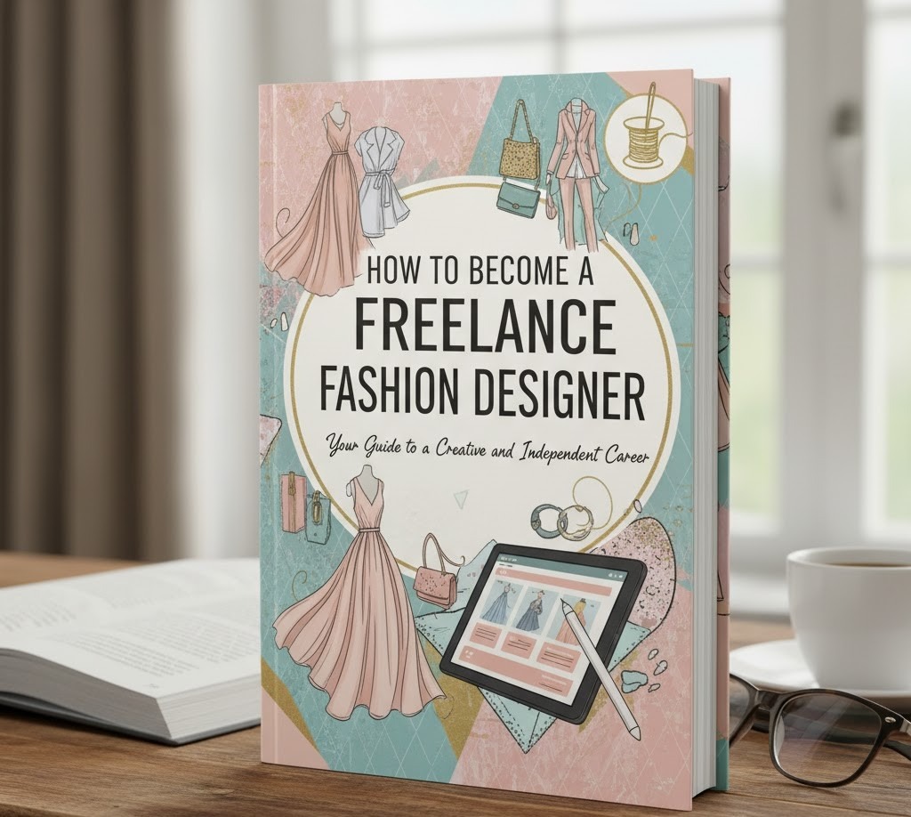 A book titled "How to Become a Freelance Fashion Designer" on a wooden desk with fashion illustrations and design elements on the cover, suggesting a guide to a creative career.