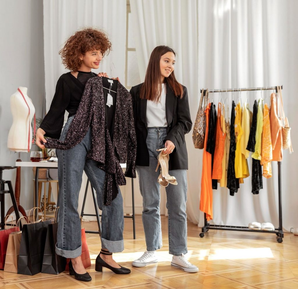 Fashion styling course example: Two women reviewing outfits and accessories on a clothing rack, relevant for professional styling training in India.