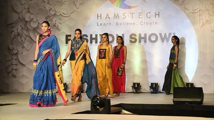 Fashion show presentation at Hamstech College of Creative Education Hyderabad with models wearing traditional and contemporary Indian ethnic wear