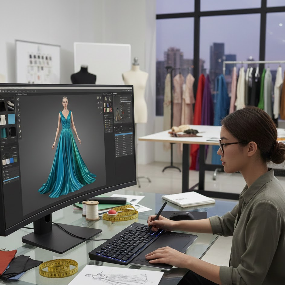 Woman using a graphics tablet and computer to create 3D garment visualizations, demonstrating the skills gained in a CAD fashion design course for working professionals.
