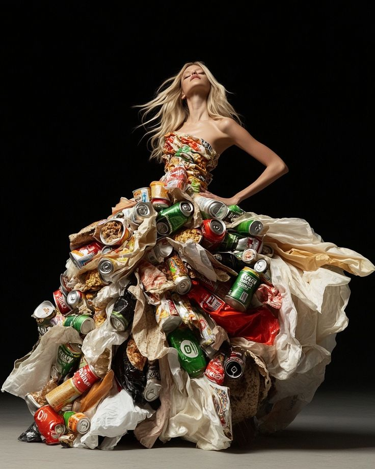 Model wearing an ethical upcycled dress made from recycled materials, illustrating a project from a sustainable fashion course in India for students and professionals.