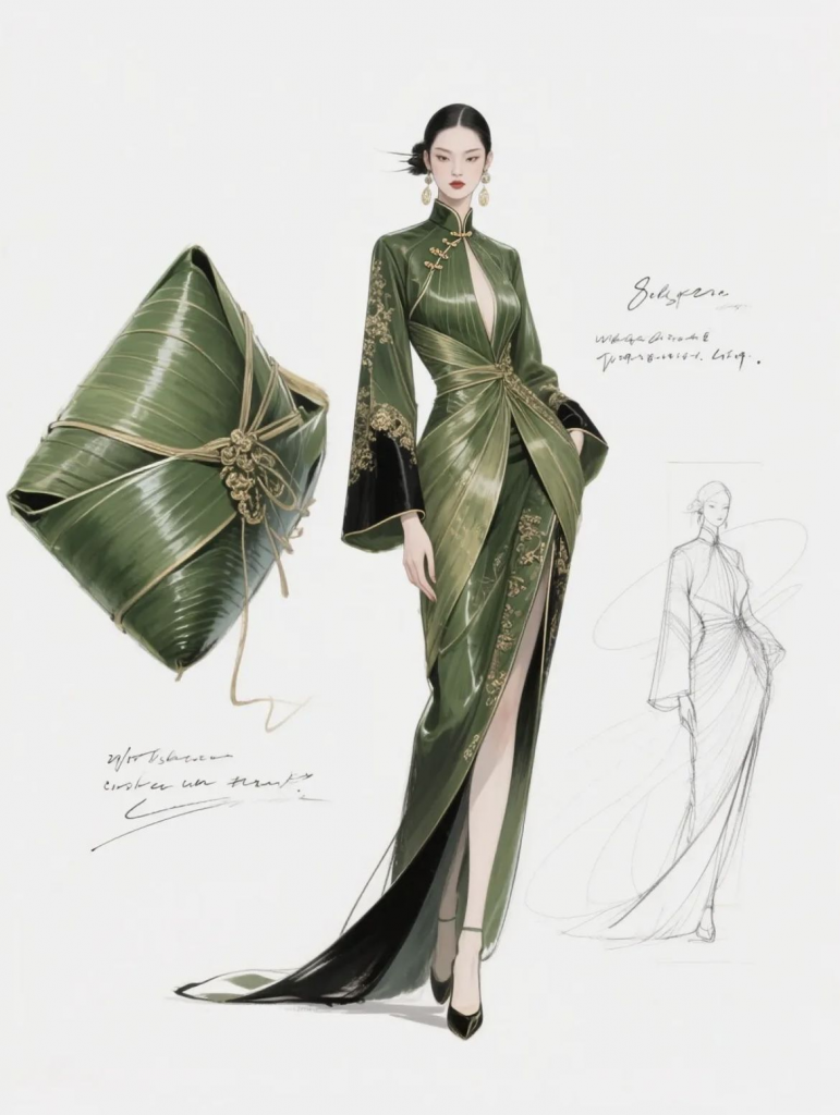 Fashion illustration showing a unique, food-inspired accessory design alongside a matching couture gown, illustrating high-level creative concepts from an accessory design course in India.