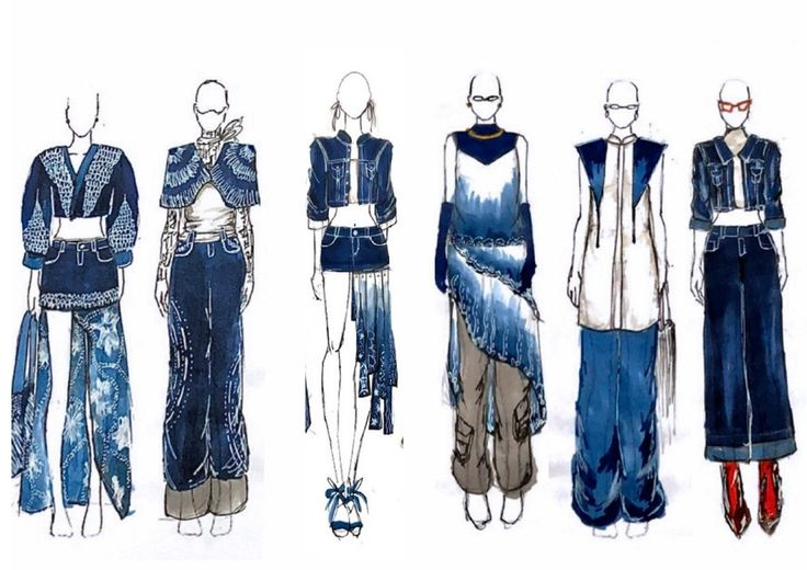 Fashion portfolio showing creative denim outfit illustrations.