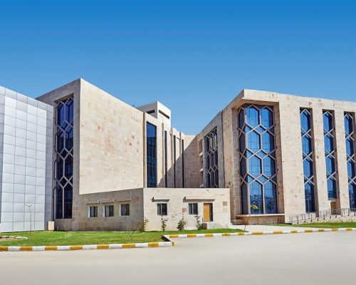 Footwear Design and Development Institute FDDI Hyderabad architectural structure with modern beige stone facade and blue window grid patterns