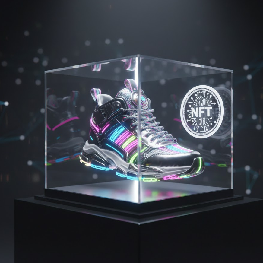 NFT sneaker displayed in digital showroom representing virtual fashion and blockchain collectibles
