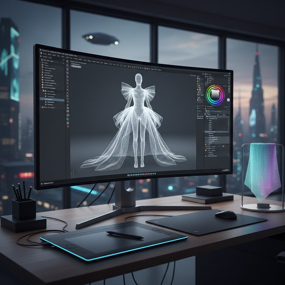 3D fashion design software showing digital couture gown modeling on professional workstation
