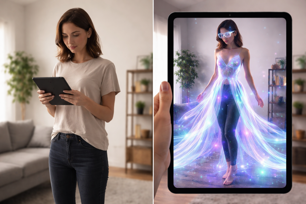 Woman viewing a virtual couture dress on a tablet using augmented reality fashion technology